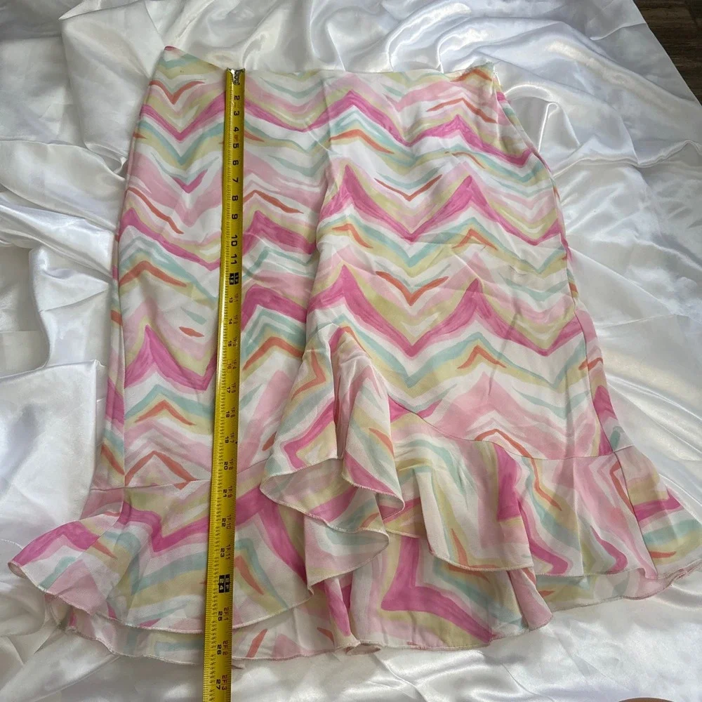 New York & Company Pastel Chevron Ruffle Hem Midi Skirt Pink Yellow Green 12 - Picture 3 of 5